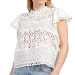 Jennifer & Grace White Eyelet Crochet Lace Mesh Flutter Sleeve Blouse Medium